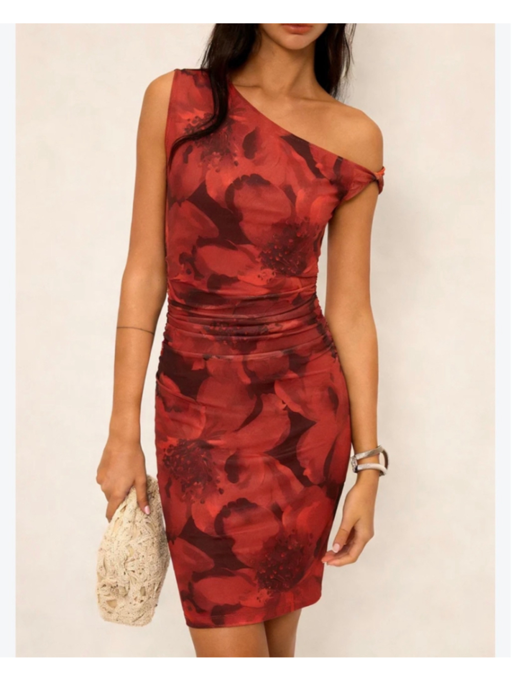 Commense Floral One Shoulder Mini Dress Size S Micro Mesh Bodycon Goingout Date